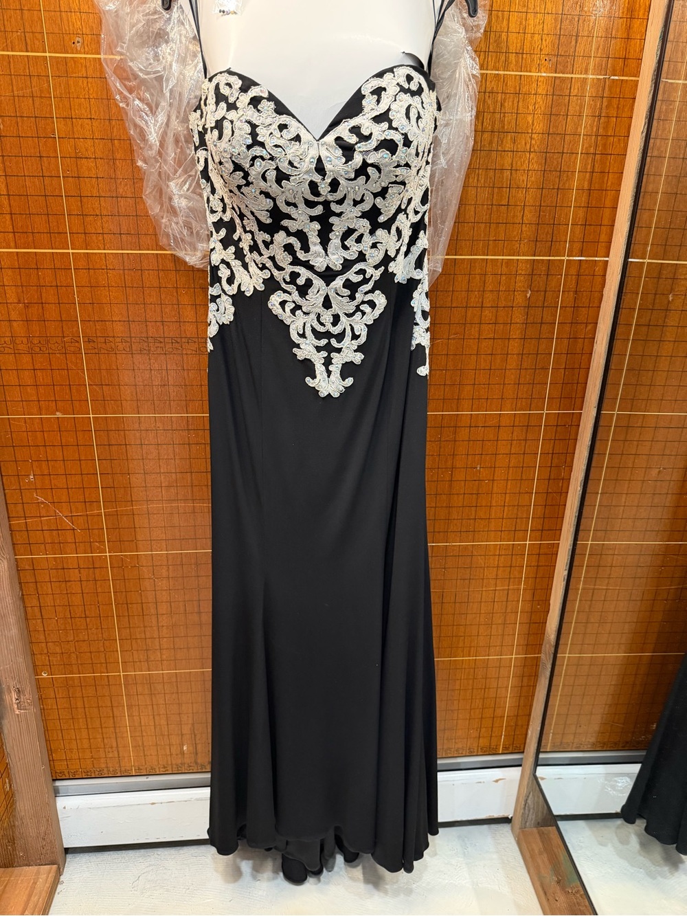 Black Evening Gown with Ivory Lace Appliqué